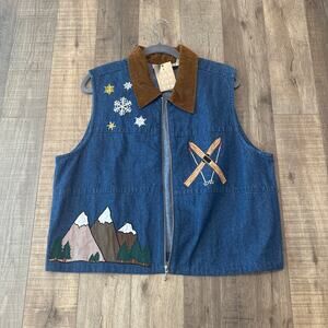 Embroidered Denim Vest Sueded Collar